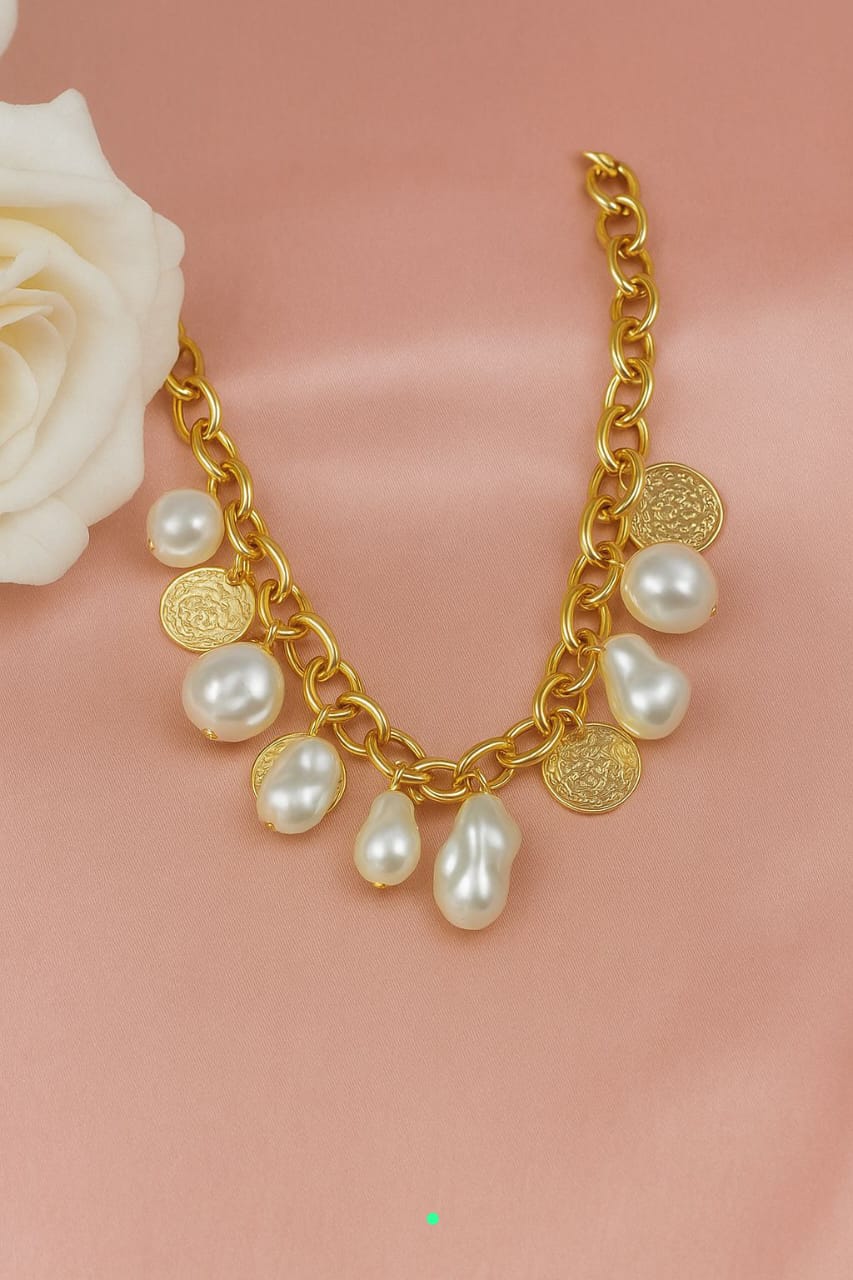 Baroque Pearl & Coin Charm Bracelet – Gold-Plated Chunky Chain Style